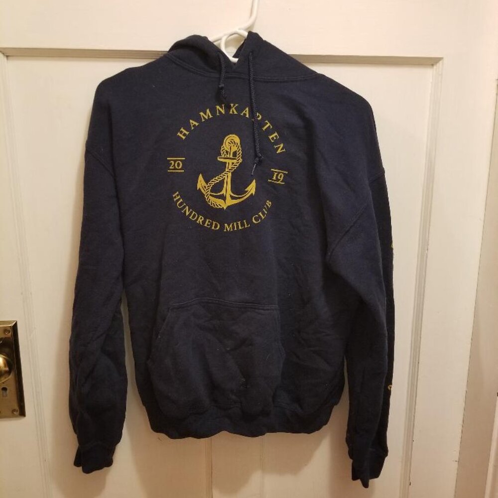 Men's Hamnkaptan navy hoodie, size medium.